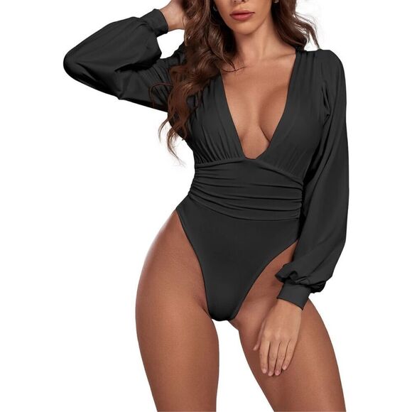 NEW Plunging V Neck Ruched Pleated Long Sleeve Leotard Bodysuit S - Picture 1 of 7